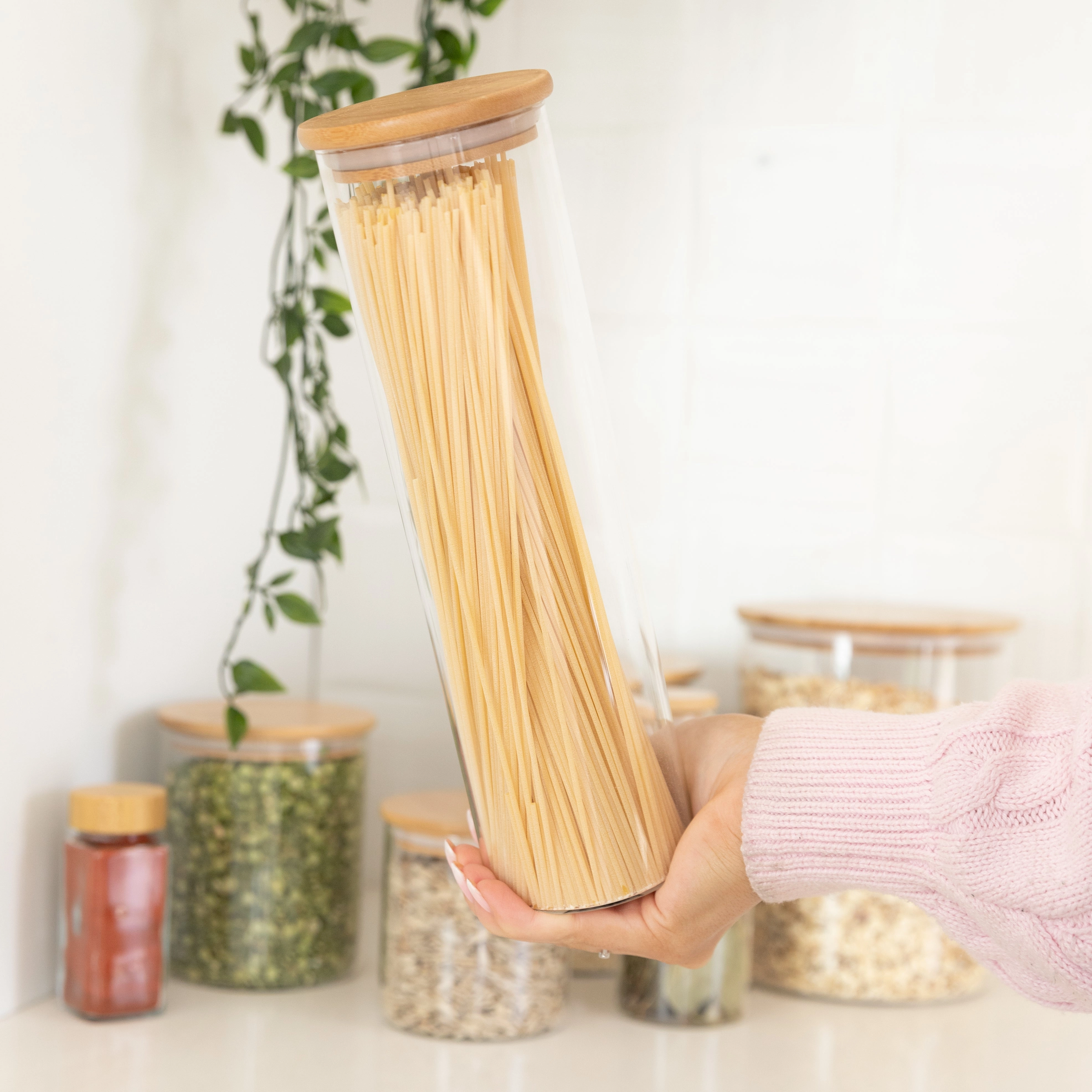 Tall Bamboo Glass Storage Jar - 1.2L Figurines,Decorative Ornaments
