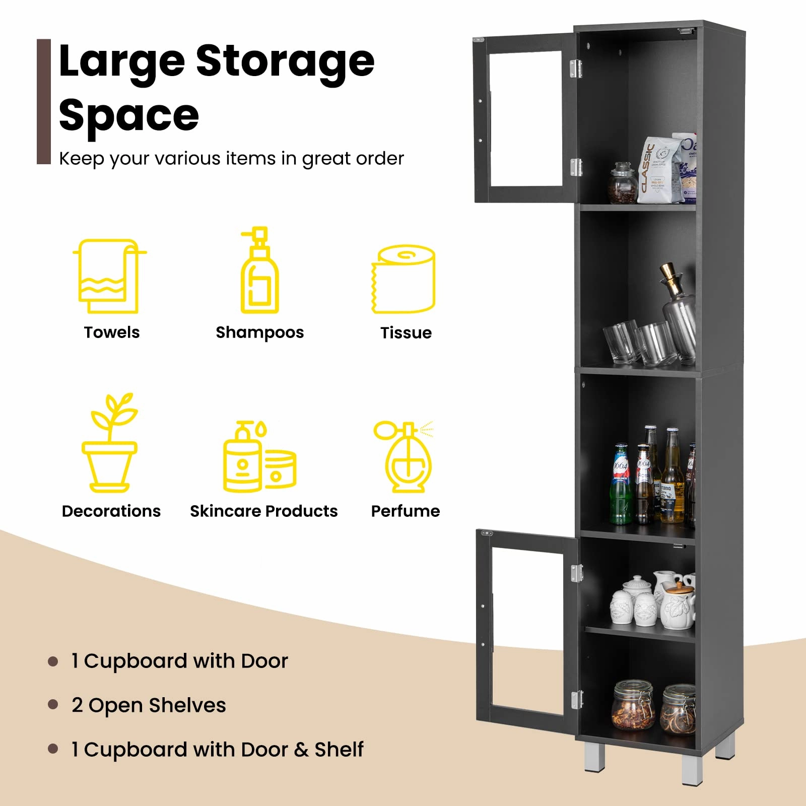 Tall Bathroom Cabinet, Home Bedroom Living Room Wood Linen Storage Cabinet Free Standing