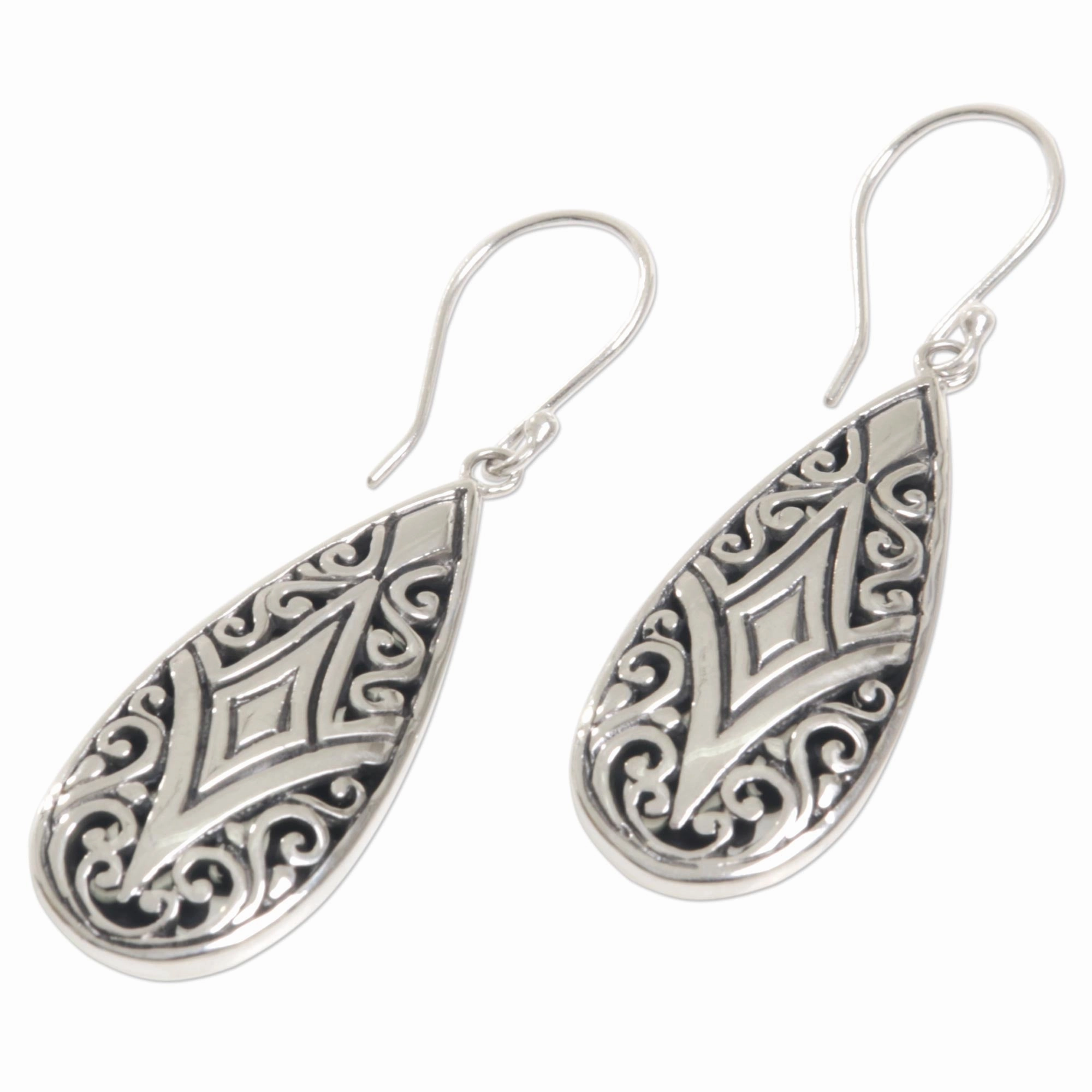 Tamiang Drop Brilliant Sterling Silver Earrings WIth Balinese Motifs