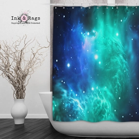 Teal and Blue Galaxy Nebula Shower Curtains and Optional Bath Mats Lighting,Lamps Fixtures