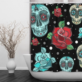 Teal Sugar Skull with Red Roses Shower Curtains and Optional Bath Mats Lighting,Lamps Fixtures