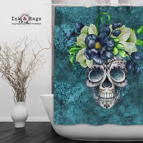 Teal Webbed Sugar Skull and Flower Shower Curtains and Optional Bath Mats Lighting,Lamps Fixtures