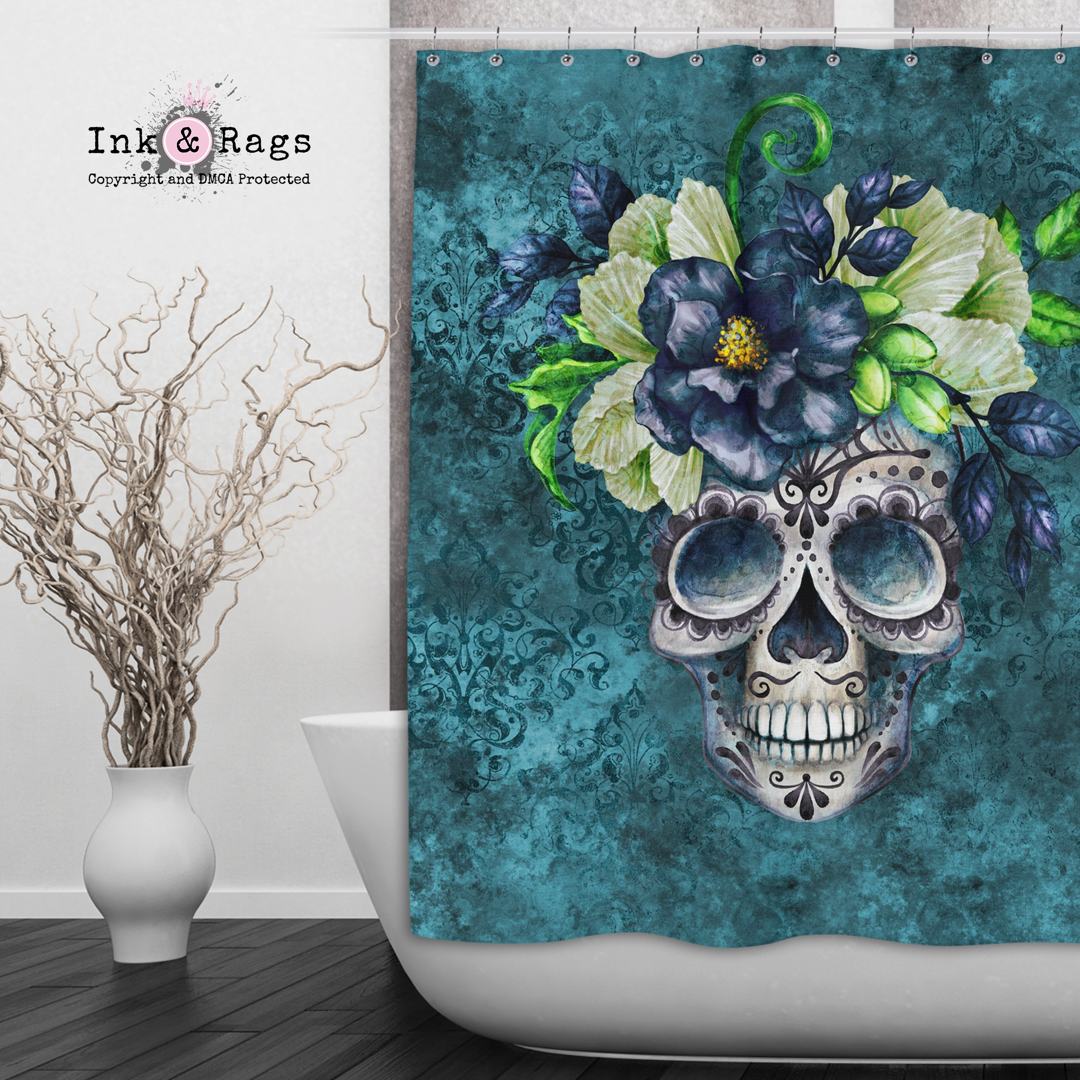 Teal Webbed Sugar Skull and Flower Shower Curtains and Optional Bath Mats Lighting,Lamps Fixtures