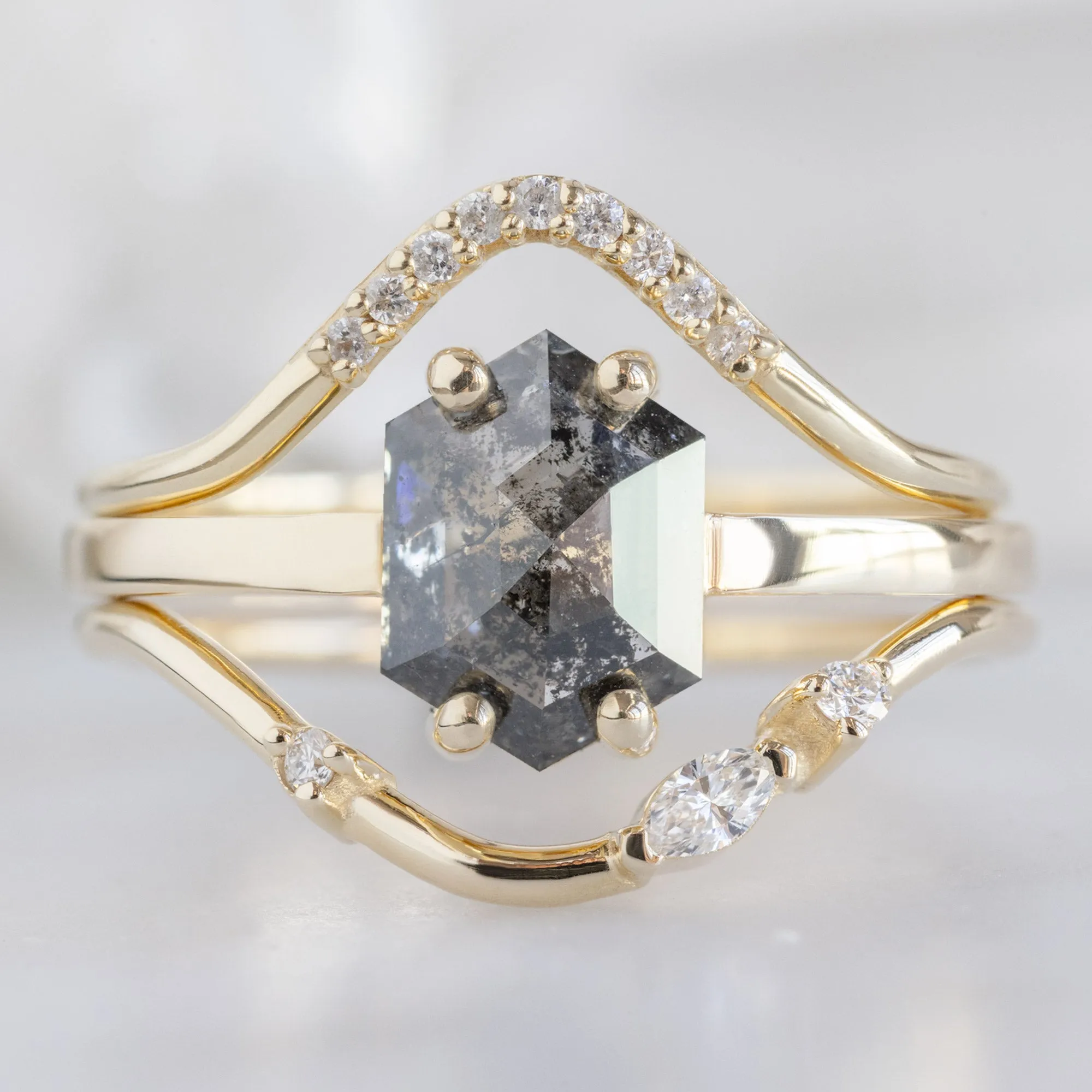 The Bryn Ring | 1.42ct Hexagon Salt and Pepper Diamond in 14K Yellow Gold