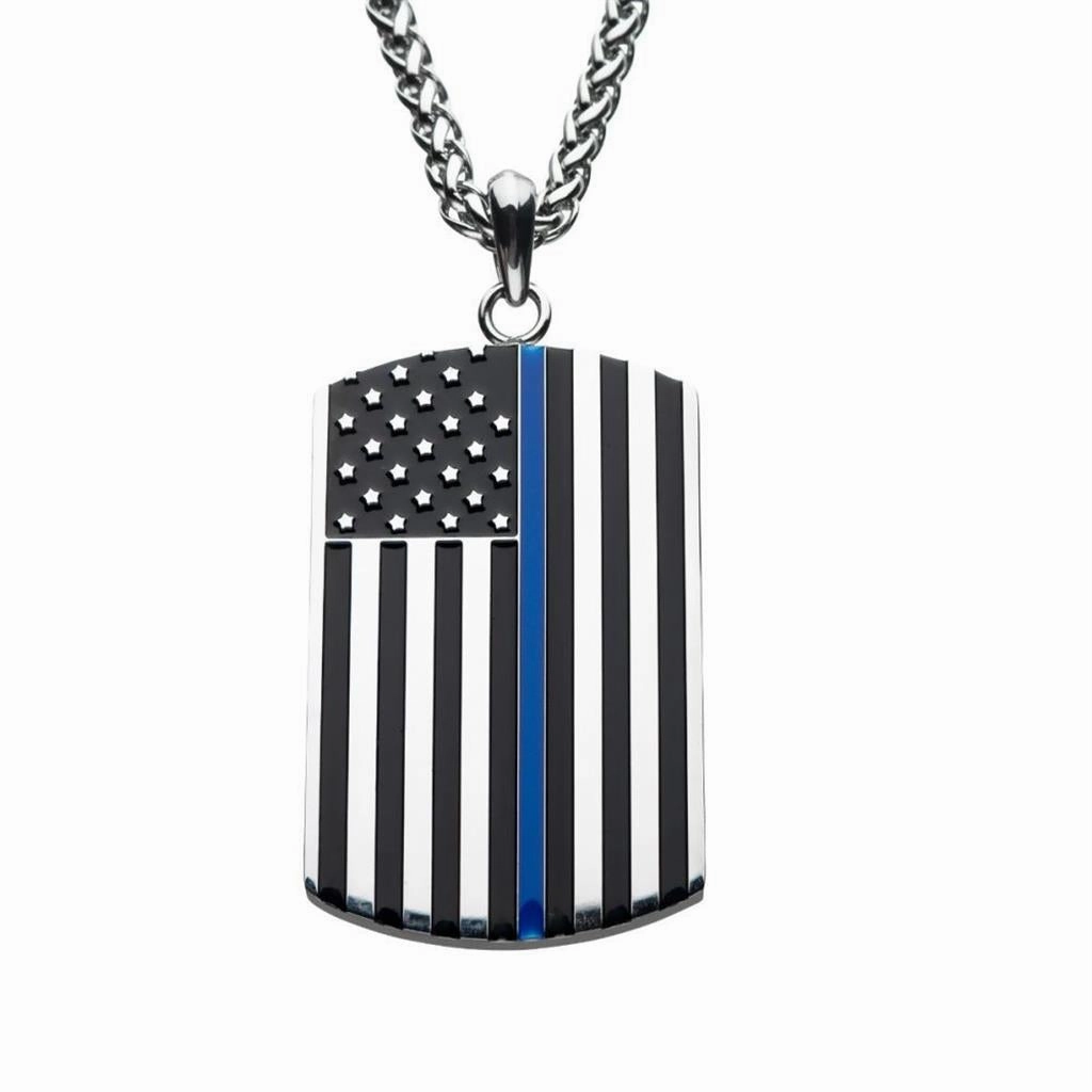 Thin Blue Line American Flag Police Officer Military Style Dog Tag Enamel Pendant
