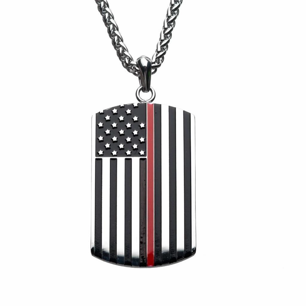 Thin Red Line American Flag Firefighter Military Style Dog Tag Enamel Pendant