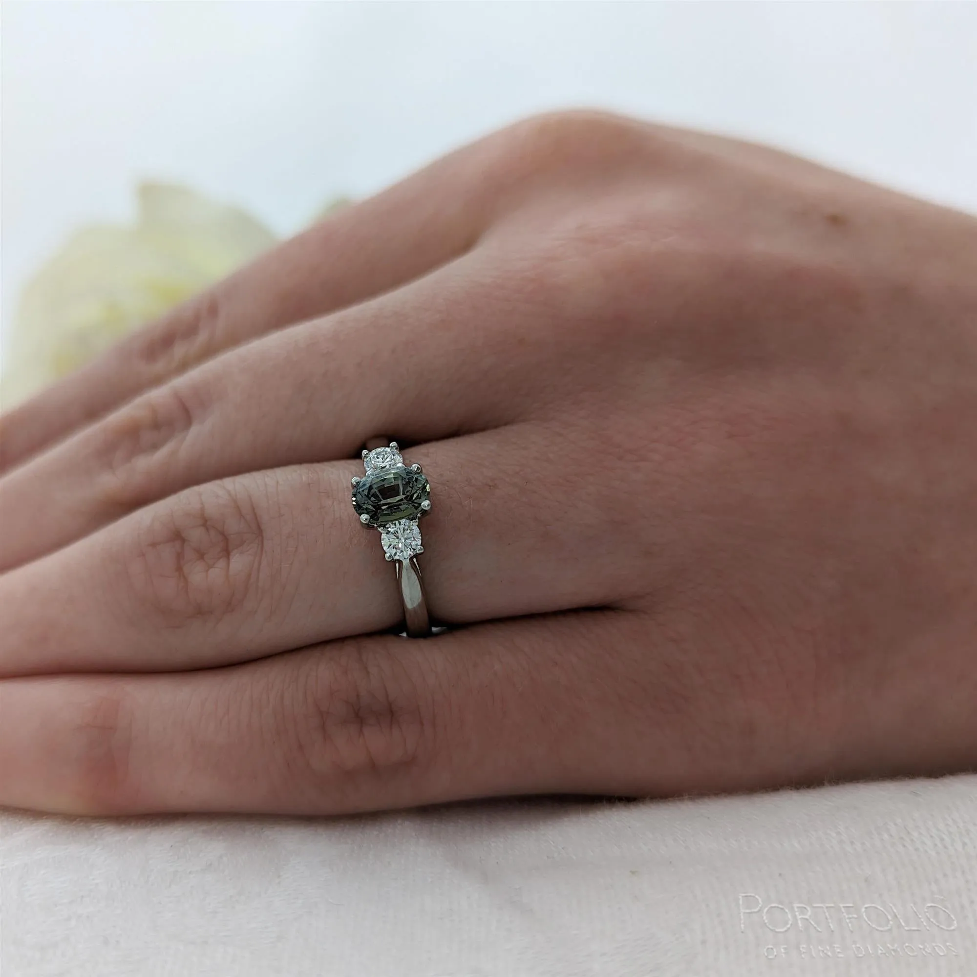 Three Stone 1.27ct Teal Sapphire Platinum Ring