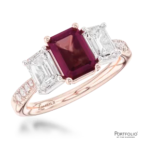 Three Stone 1.39ct Ruby Rose Gold/Platinum Ring