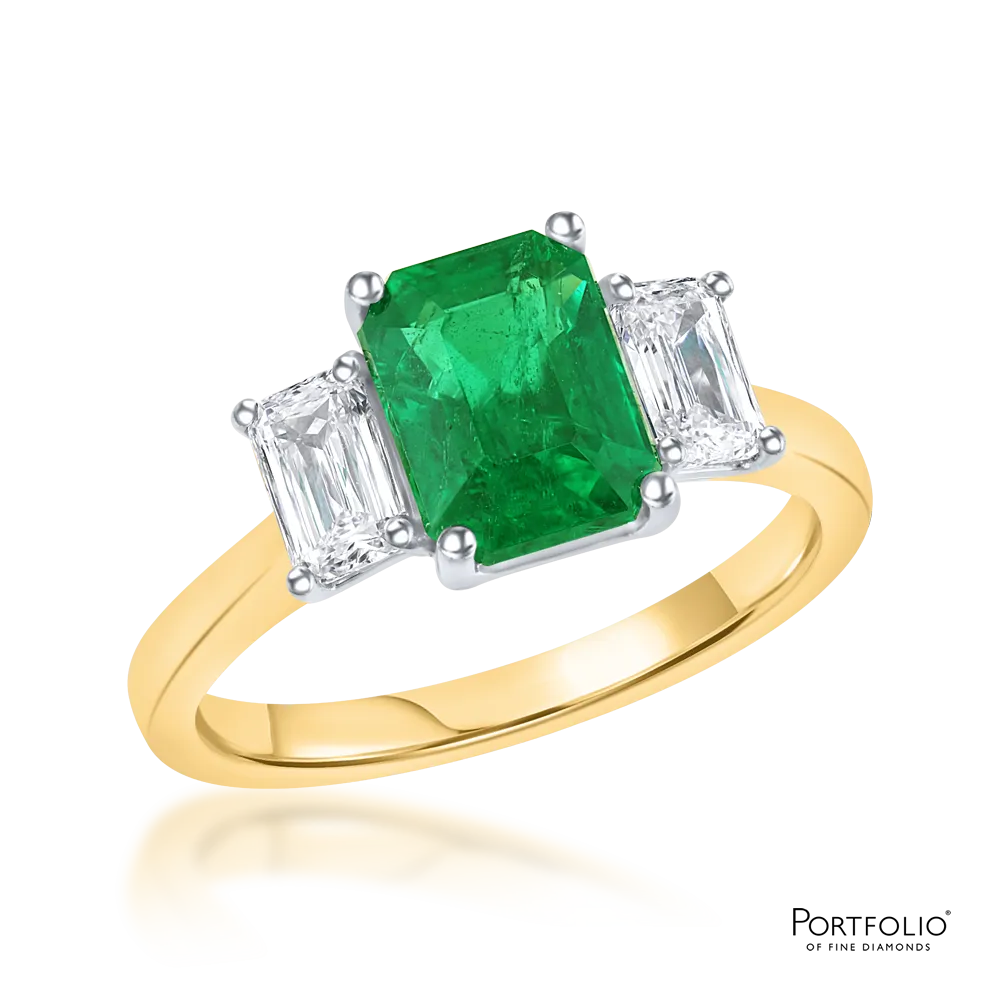 Three Stone 1.63ct Emerald and Diamond Yellow Gold Ring