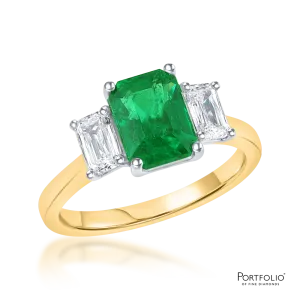 Three Stone 1.63ct Emerald and Diamond Yellow Gold Ring