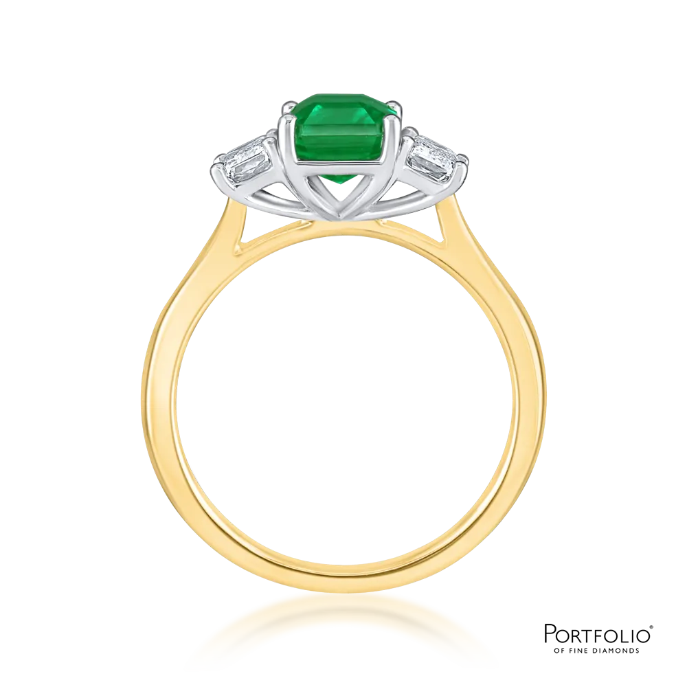 Three Stone 1.63ct Emerald and Diamond Yellow Gold Ring