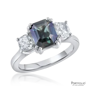 Three stone 2.42ct Teal Sapphire and Diamond Platinum Ring