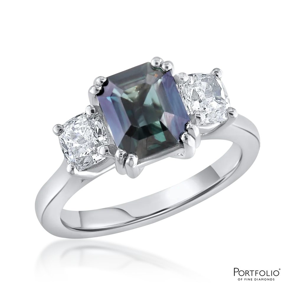 Three stone 2.42ct Teal Sapphire and Diamond Platinum Ring