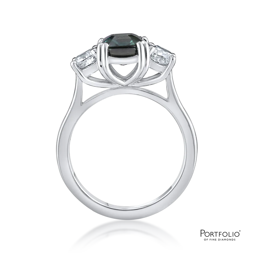 Three stone 2.42ct Teal Sapphire and Diamond Platinum Ring
