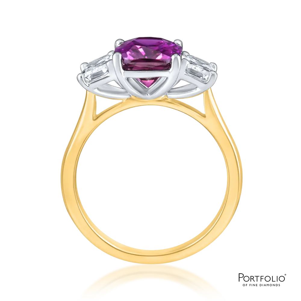 Three Stone 3.15ct Purple Sapphire and Diamond Yellow Gold Ring