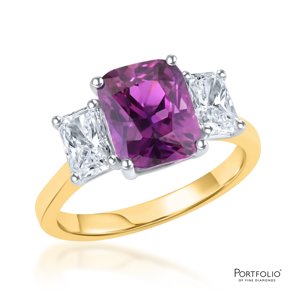Three Stone 3.15ct Purple Sapphire and Diamond Yellow Gold Ring