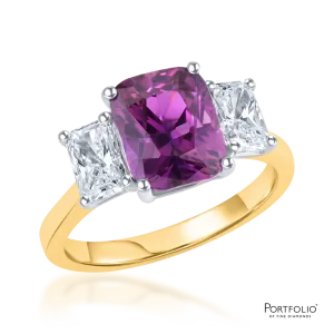 Three Stone 3.15ct Purple Sapphire and Diamond Yellow Gold Ring