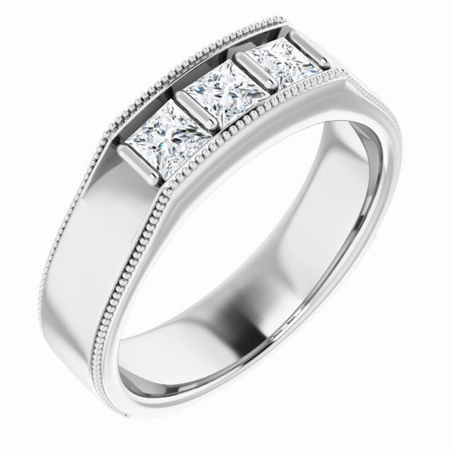 Three Stone 1.0 ctw Bar Set Princess Diamond Men's Ring Milgrain Accent
