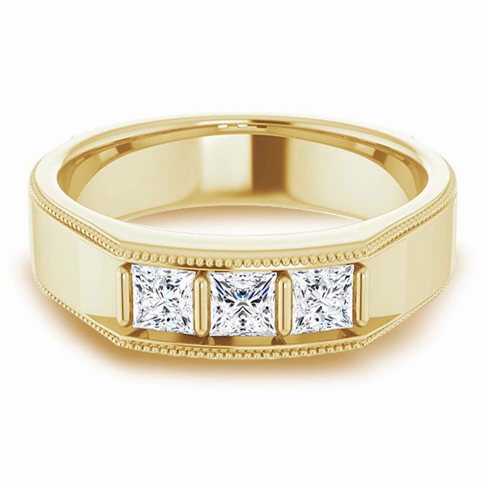 Three Stone 1.0 ctw Bar Set Princess Diamond Men's Ring Milgrain Accent
