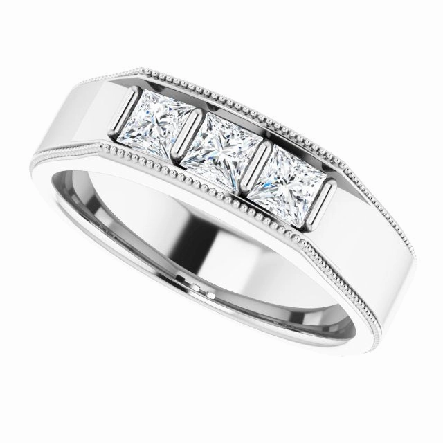 Three Stone 1.0 ctw Bar Set Princess Diamond Men's Ring Milgrain Accent