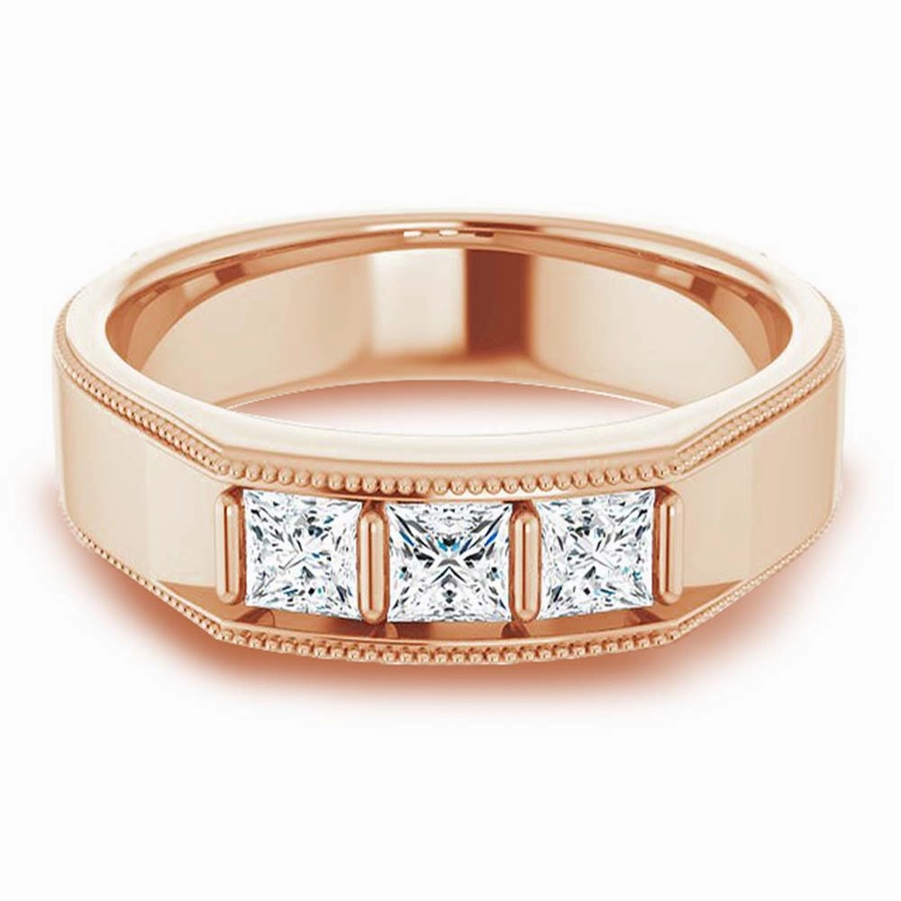 Three Stone 1.0 ctw Bar Set Princess Diamond Men's Ring Milgrain Accent