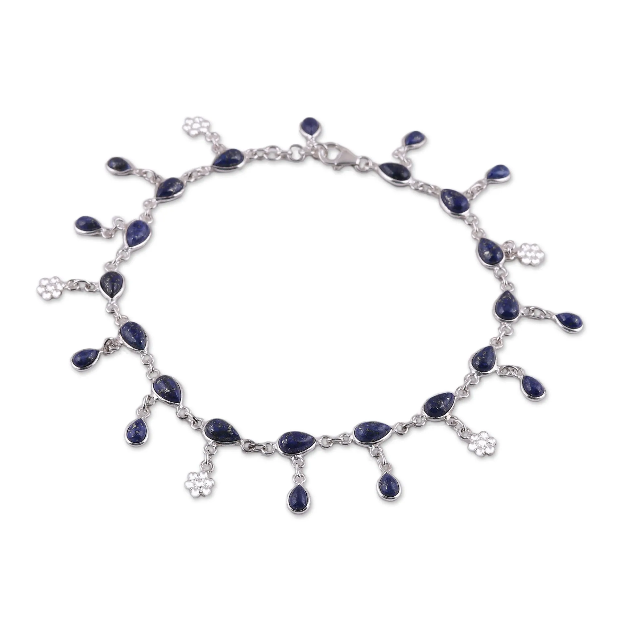 Tidal Luster Handmade Lapis Lazuli and Sterling Silver Anklet from India
