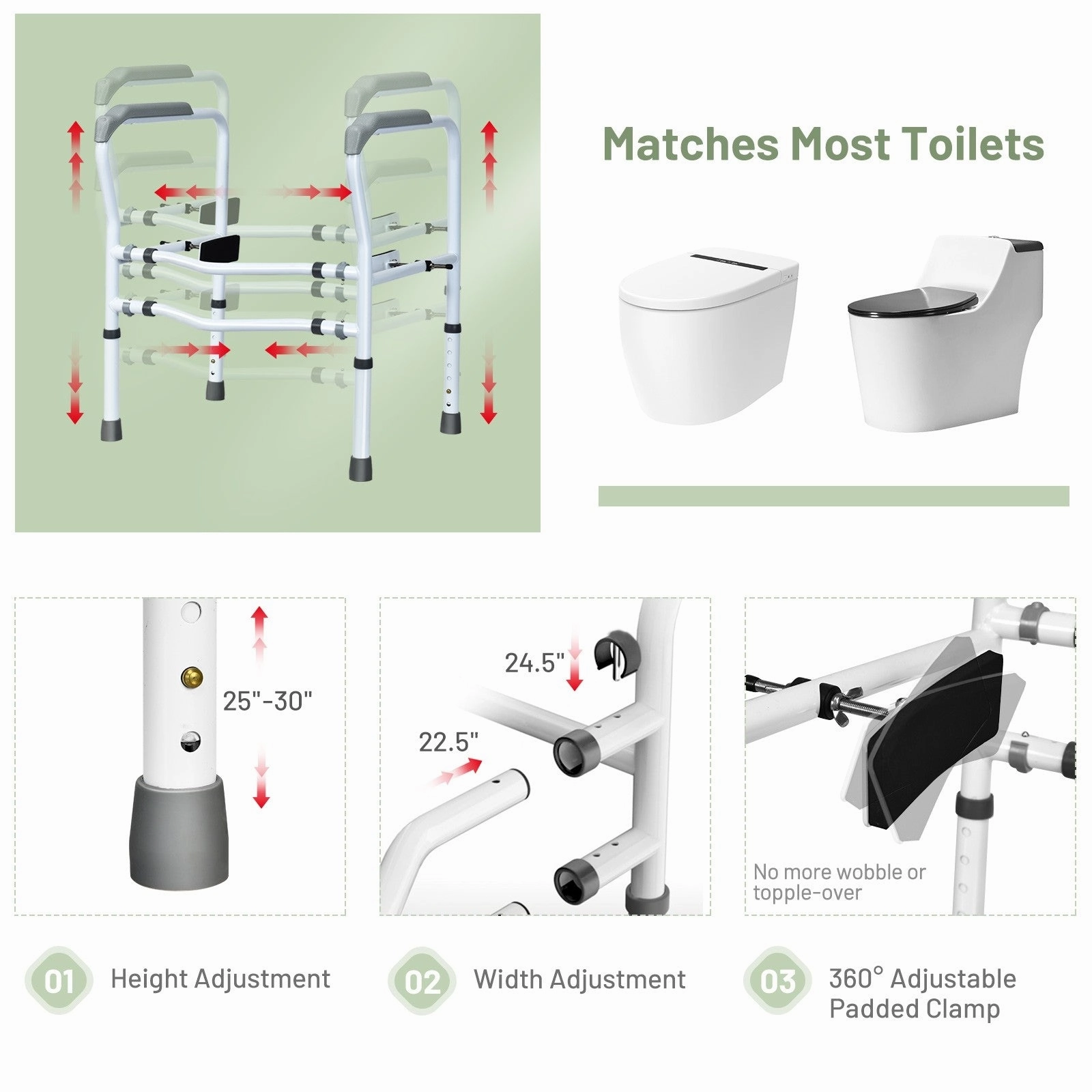 Toilet Safety Rail Free Standing Safety Assist Frame W/ 360 degree Rotatable Clip