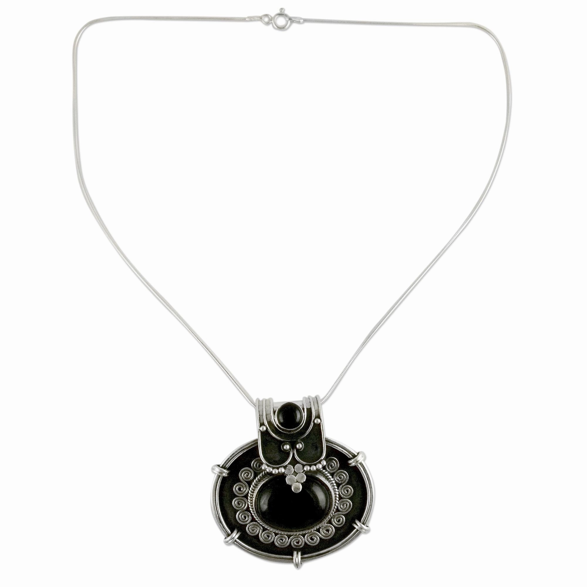Traditional Chic Onyx Pendant Necklace in Oxidized Sterling Silver from India