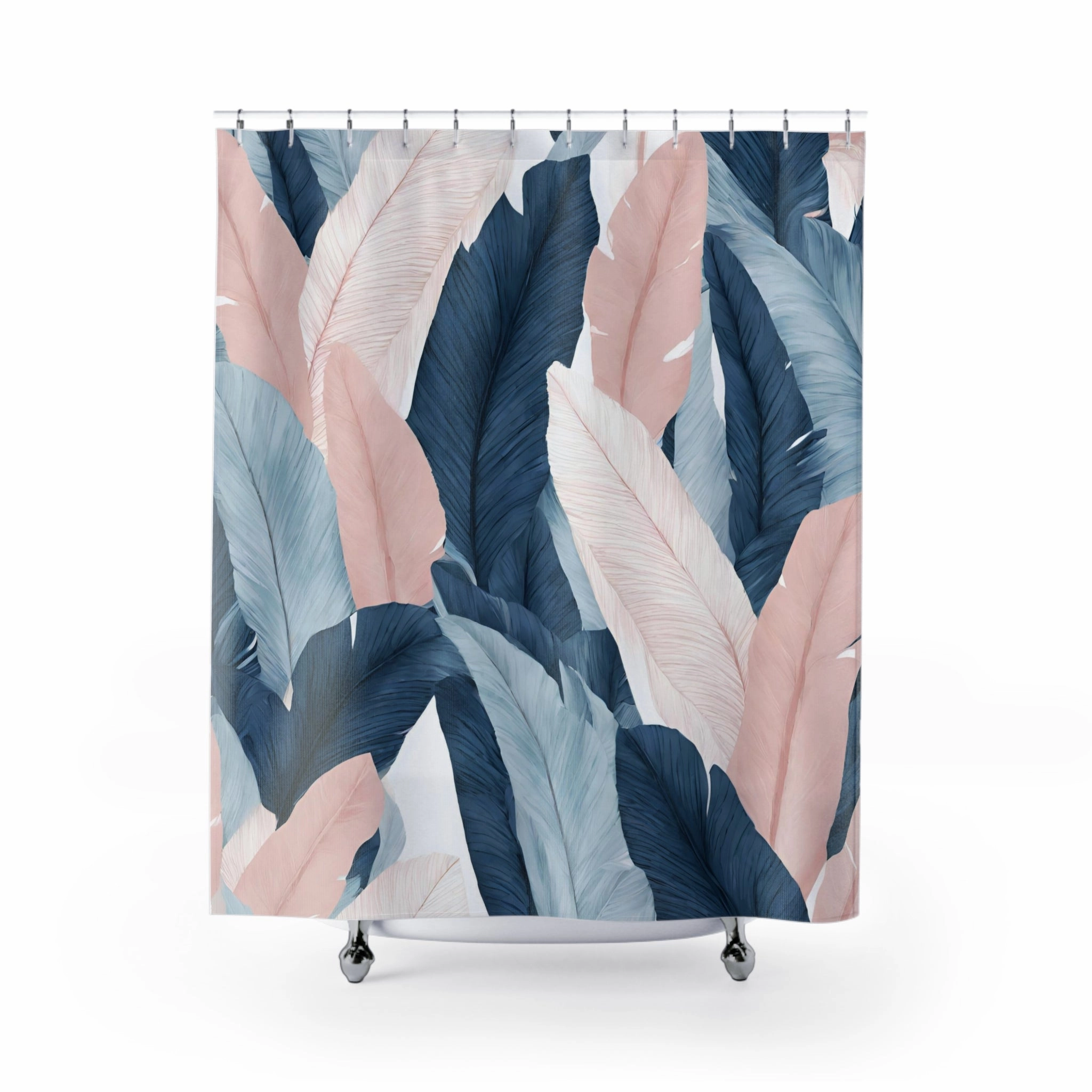 Tropical Floral Shower Curtain |  Navy Sky Blue, Blush Pink Leaves Lighting,Home Lighting