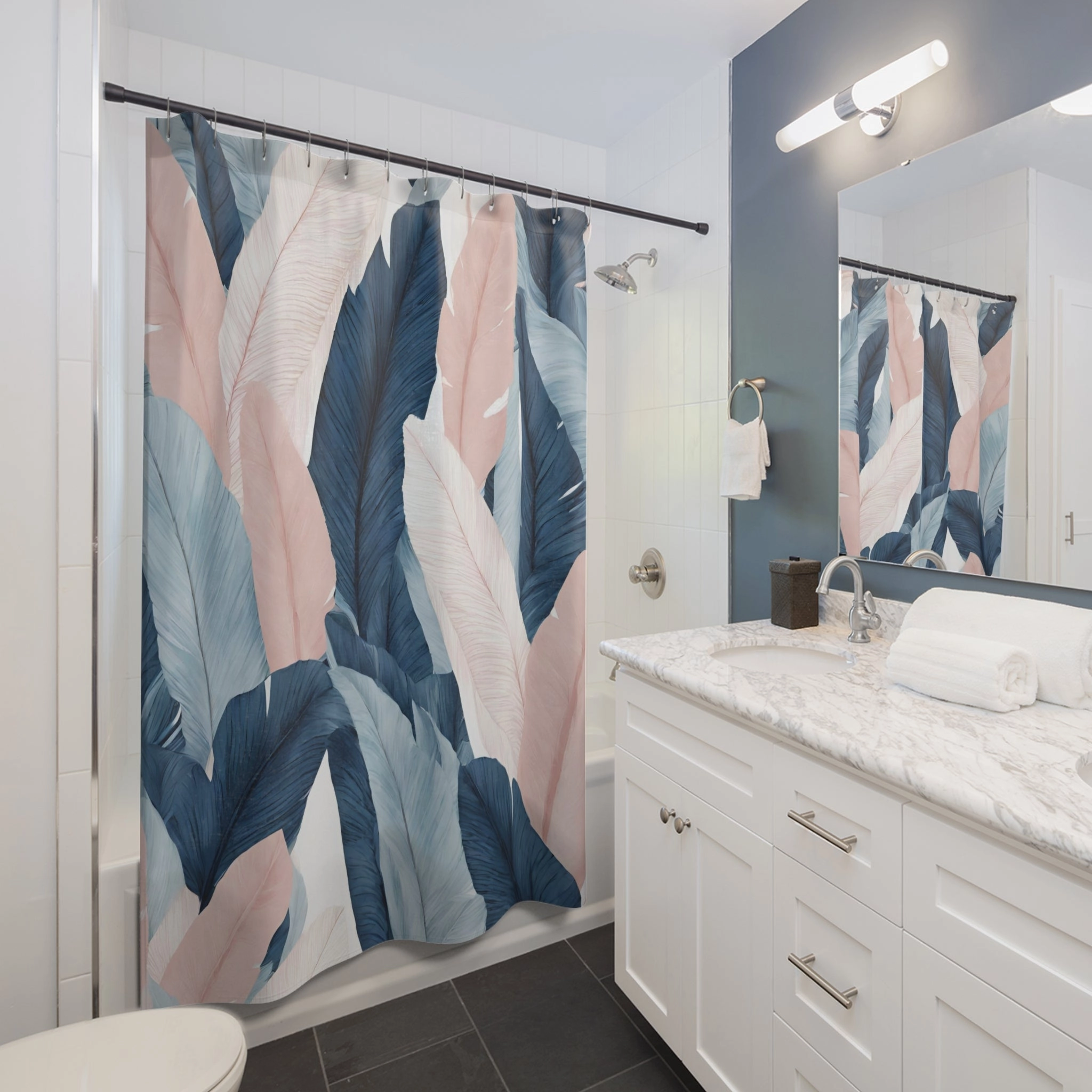 Tropical Floral Shower Curtain |  Navy Sky Blue, Blush Pink Leaves