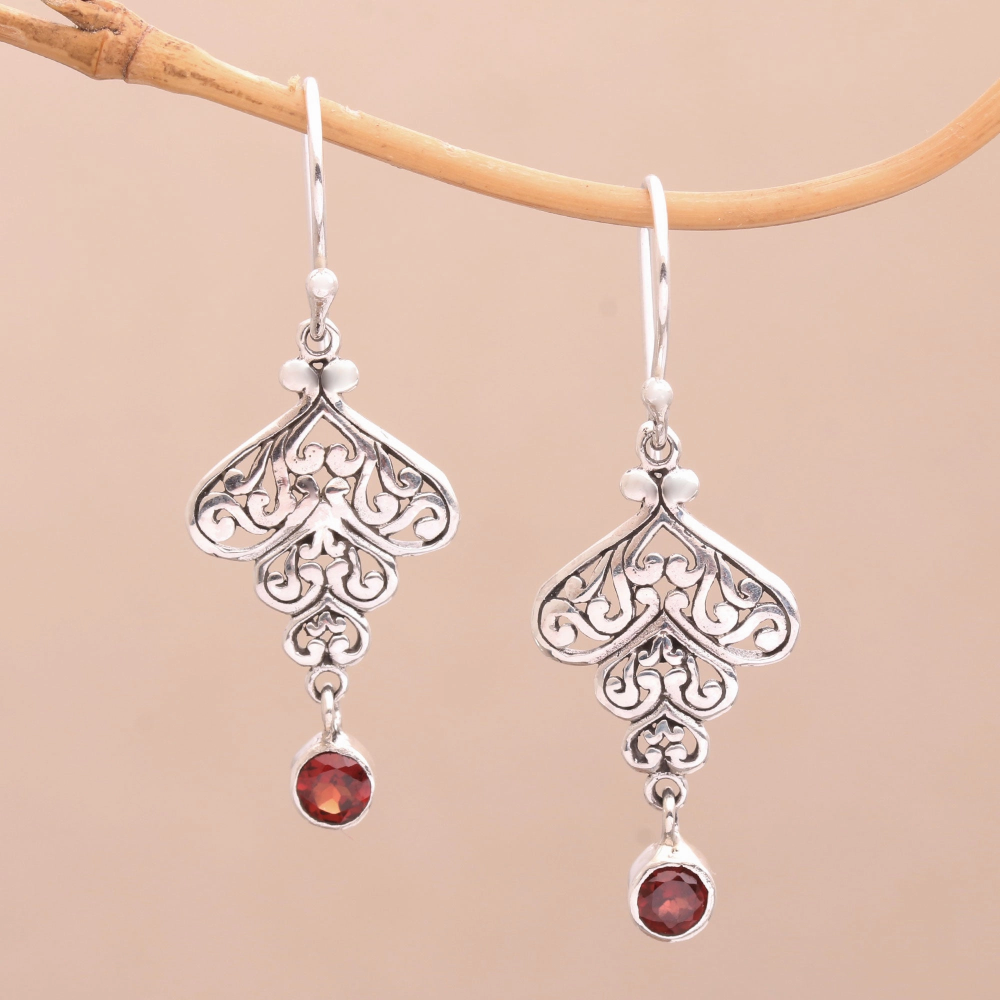 Tumbling Hearts Sterling Silver Tumbling Heart Garnet Dangle Earrings