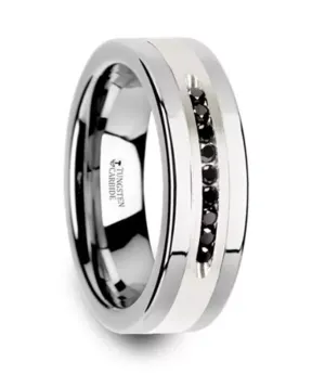 Tungsten Blackstone 8mm Silver Inlay Center And Black Diamonds Flat Wedding Band
