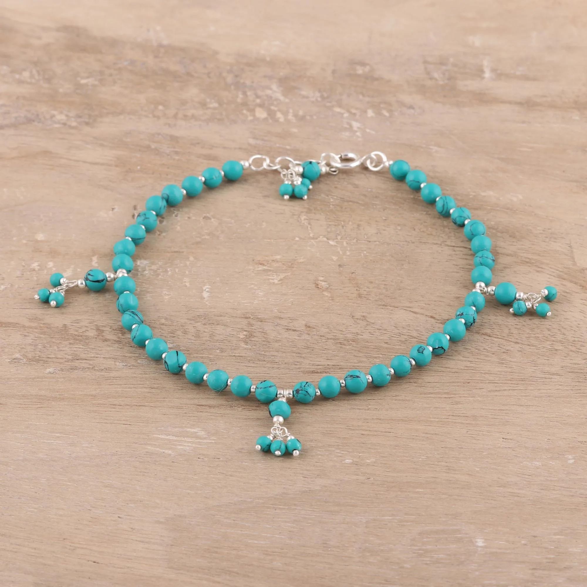 Turquoise Flair Sterling Silver and Composite Turquoise Beaded Anklet