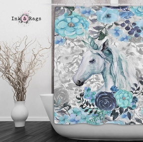 Turquoise Watercolor Flower Unicorn Shower Curtains and Optional Bath Mats Lighting,Lamps Fixtures