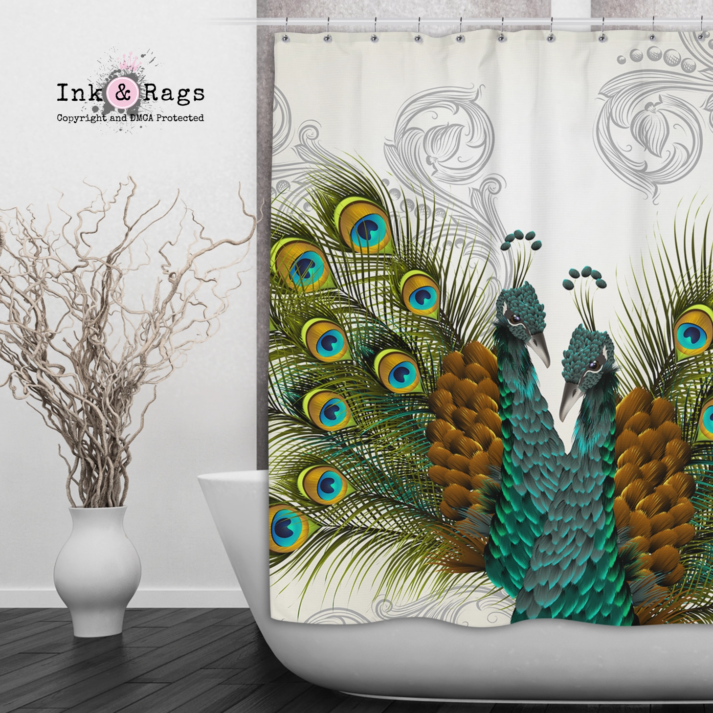Twin Peacocks Off White Shower Curtains and Optional Bath Mats Lighting,Lamps Fixtures