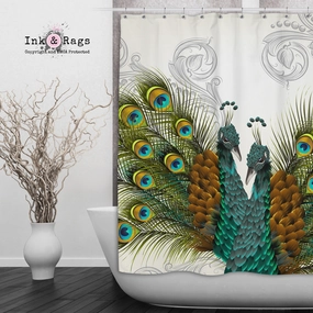 Twin Peacocks Off White Shower Curtains and Optional Bath Mats Lighting,Lamps Fixtures