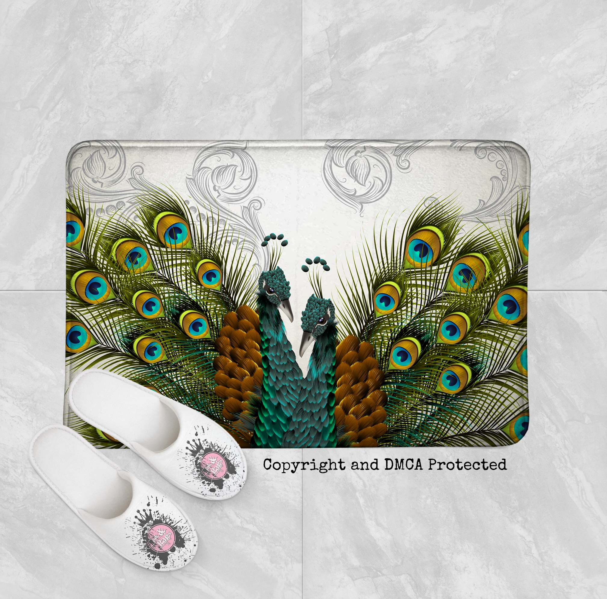 Twin Peacocks Off White Shower Curtains and Optional Bath Mats