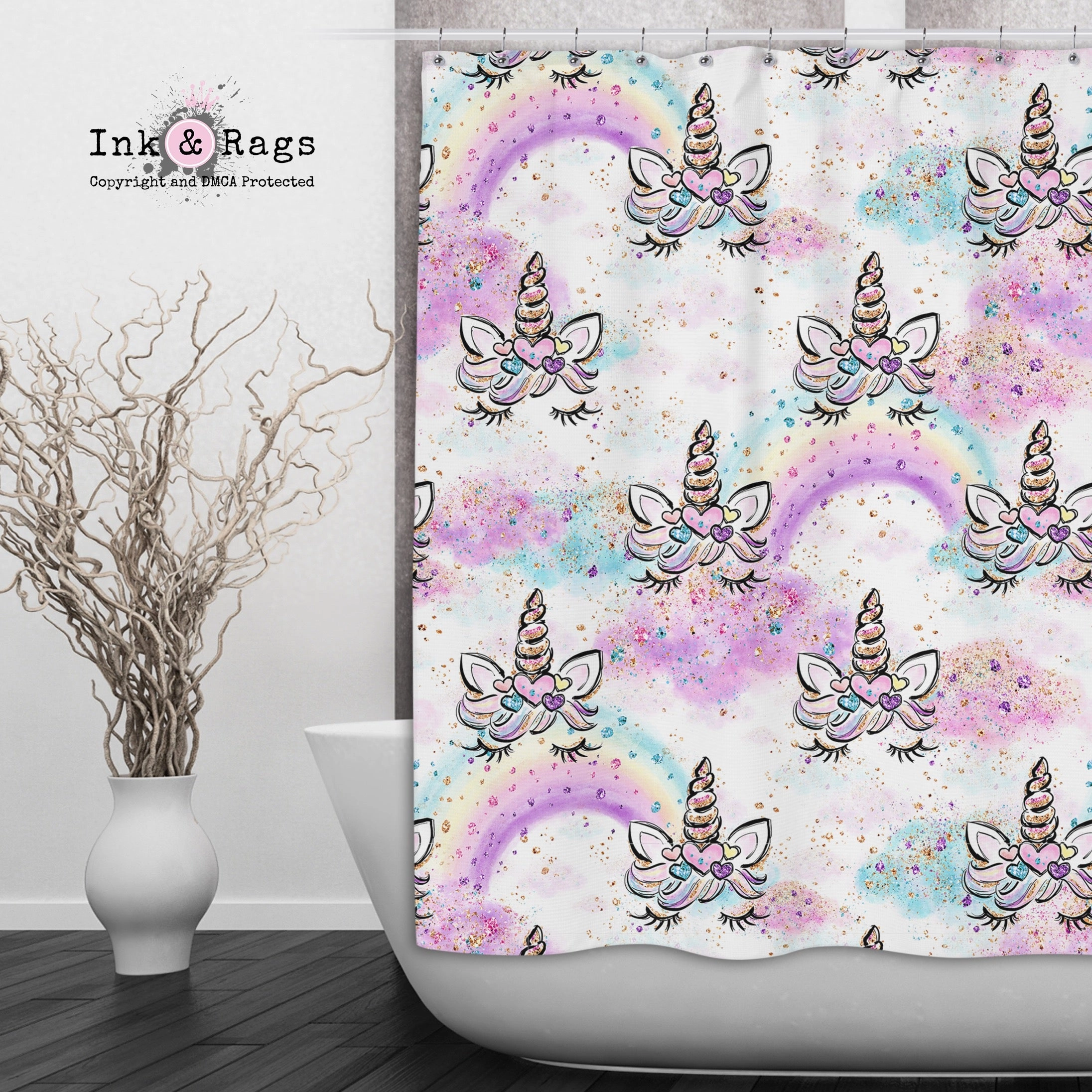 Unicorn Faces and Rainbows Shower Curtains and Optional Bath Mats Lighting,Lamps Fixtures