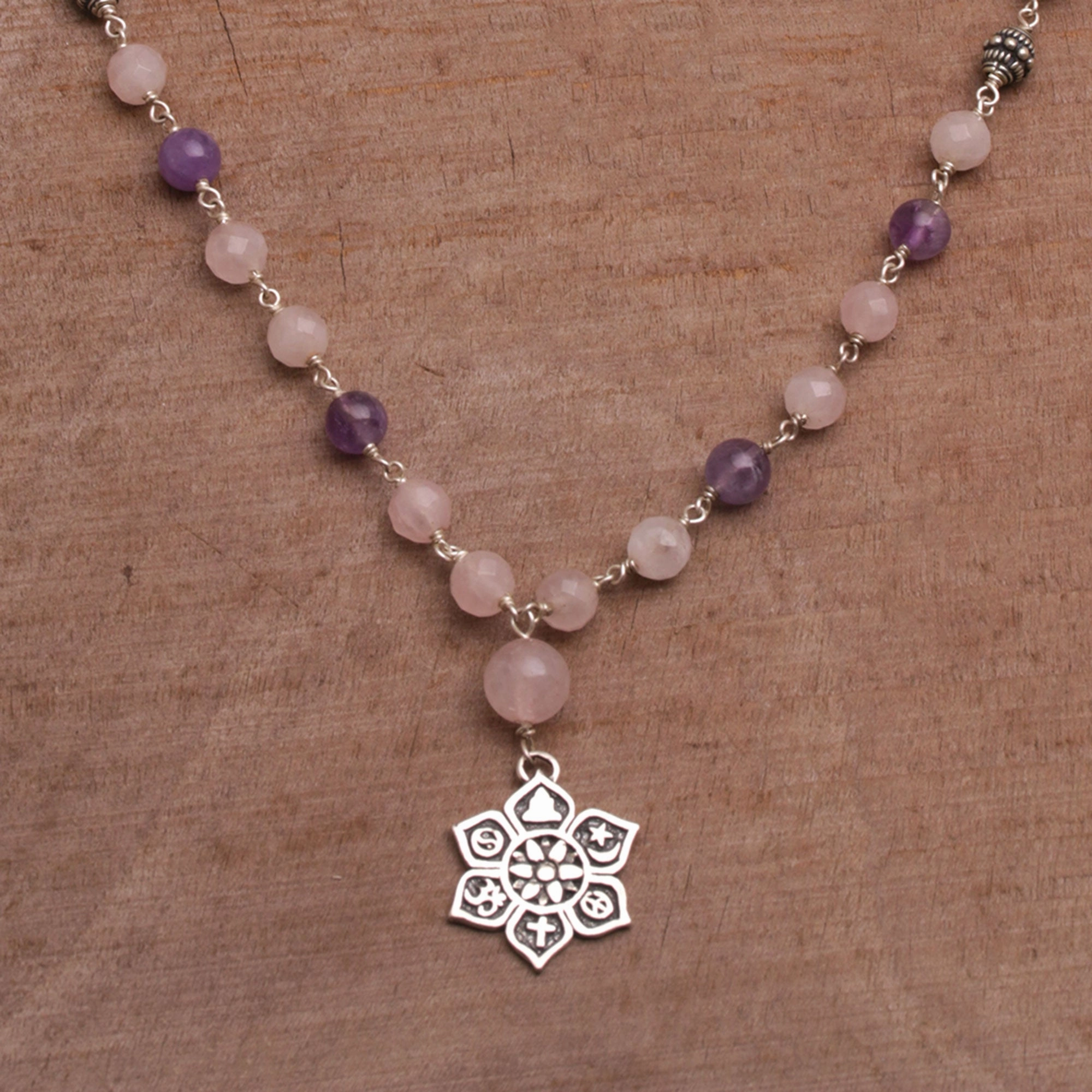 Unity in Meditation Floral Rose Quartz and Amethyst Pendant Necklace from Bali