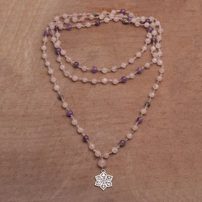 Unity in Meditation Floral Rose Quartz and Amethyst Pendant Necklace from Bali