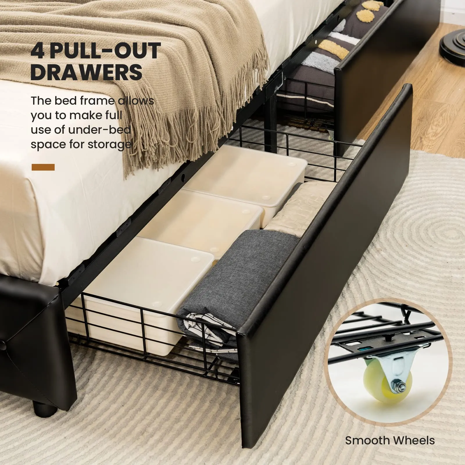 Upholstered PU Leather Platform Bed Frame w/ 4 Storage Drawers, Adjustable Headboard & Solid Wooden Slats