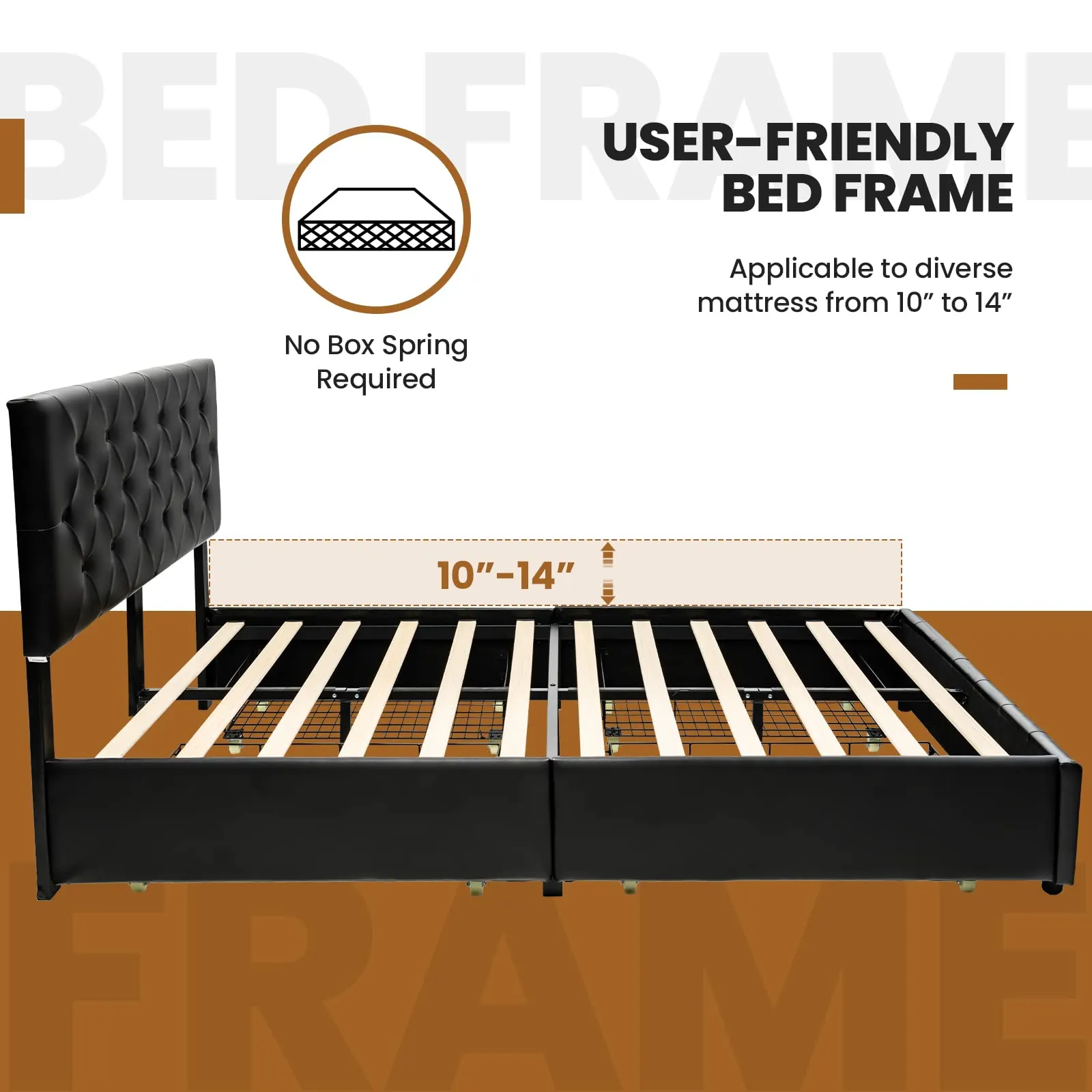 Upholstered PU Leather Platform Bed Frame w/ 4 Storage Drawers, Adjustable Headboard & Solid Wooden Slats