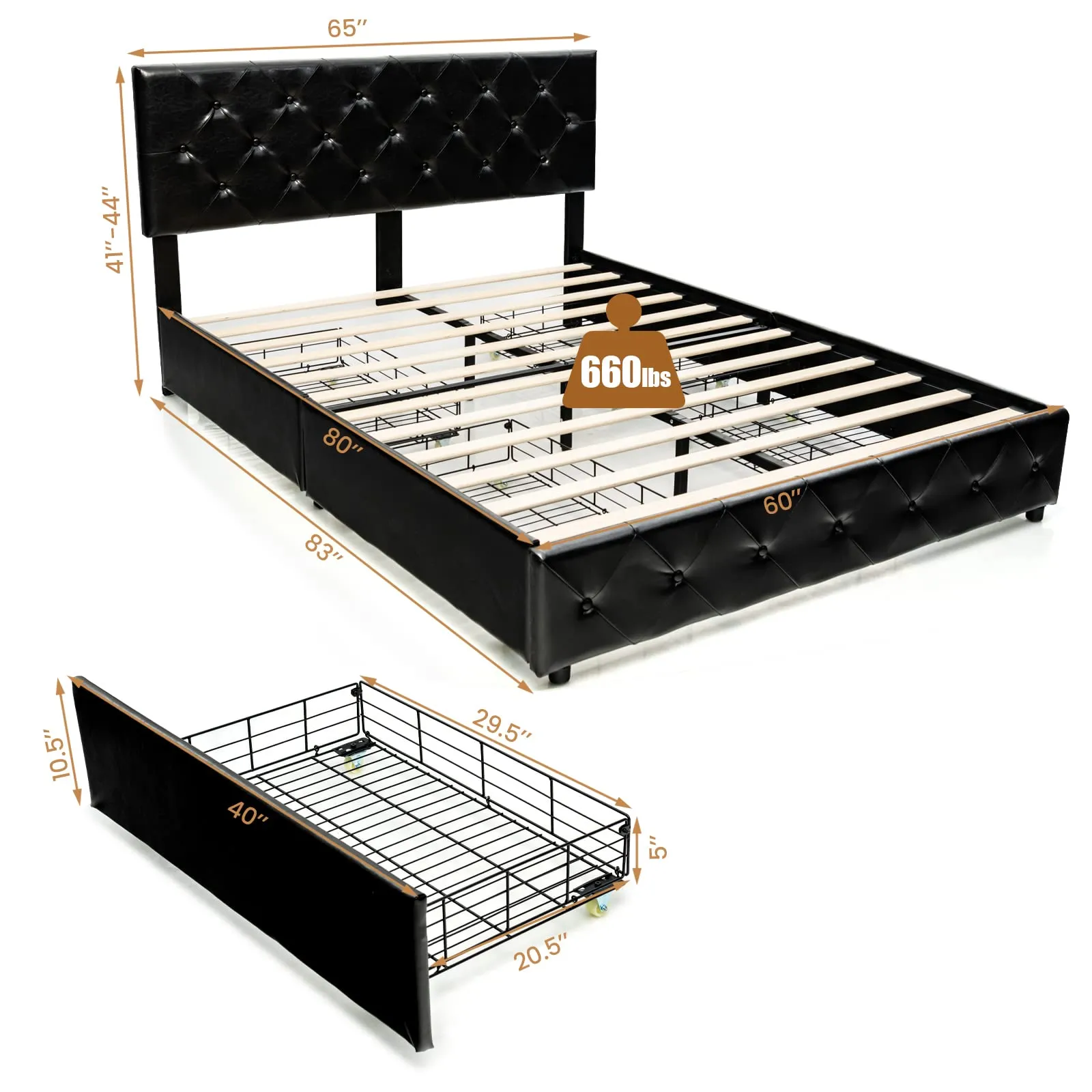 Upholstered PU Leather Platform Bed Frame w/ 4 Storage Drawers, Adjustable Headboard & Solid Wooden Slats