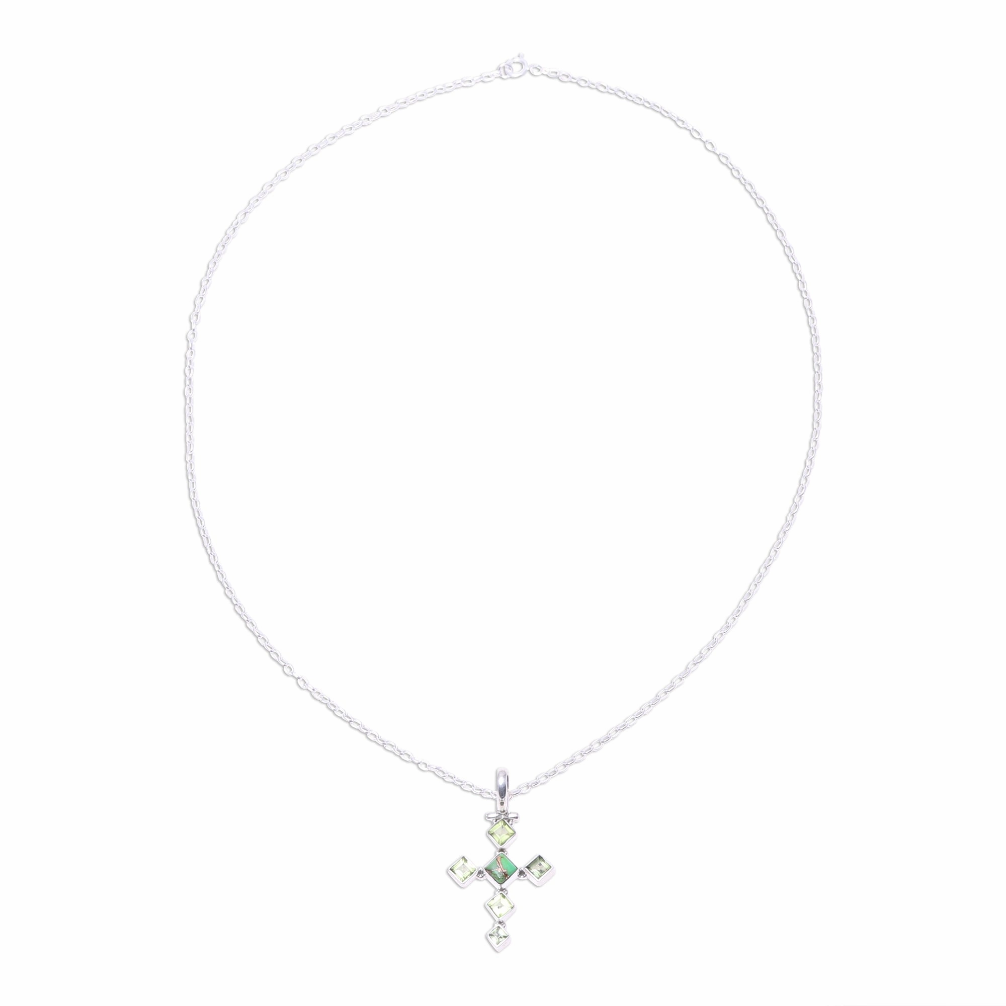 Verdant Cross Peridot and Composite Turquoise Cross Pendant Necklace