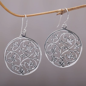 Vine Rings Sterling Silver Vine Motif Dangle Earrings from Bali