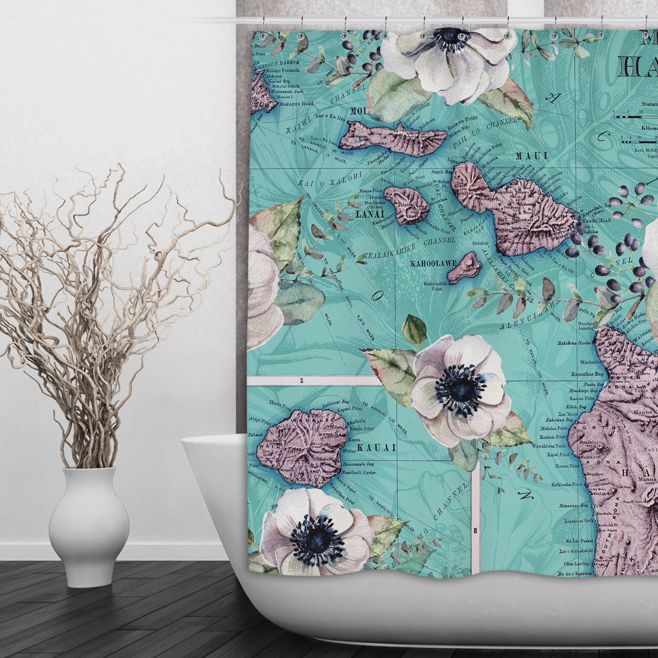 Vintage Hawaiian Islands Map Floral  Shower Curtains and Optional Bath Mats Lighting,Lamps Fixtures