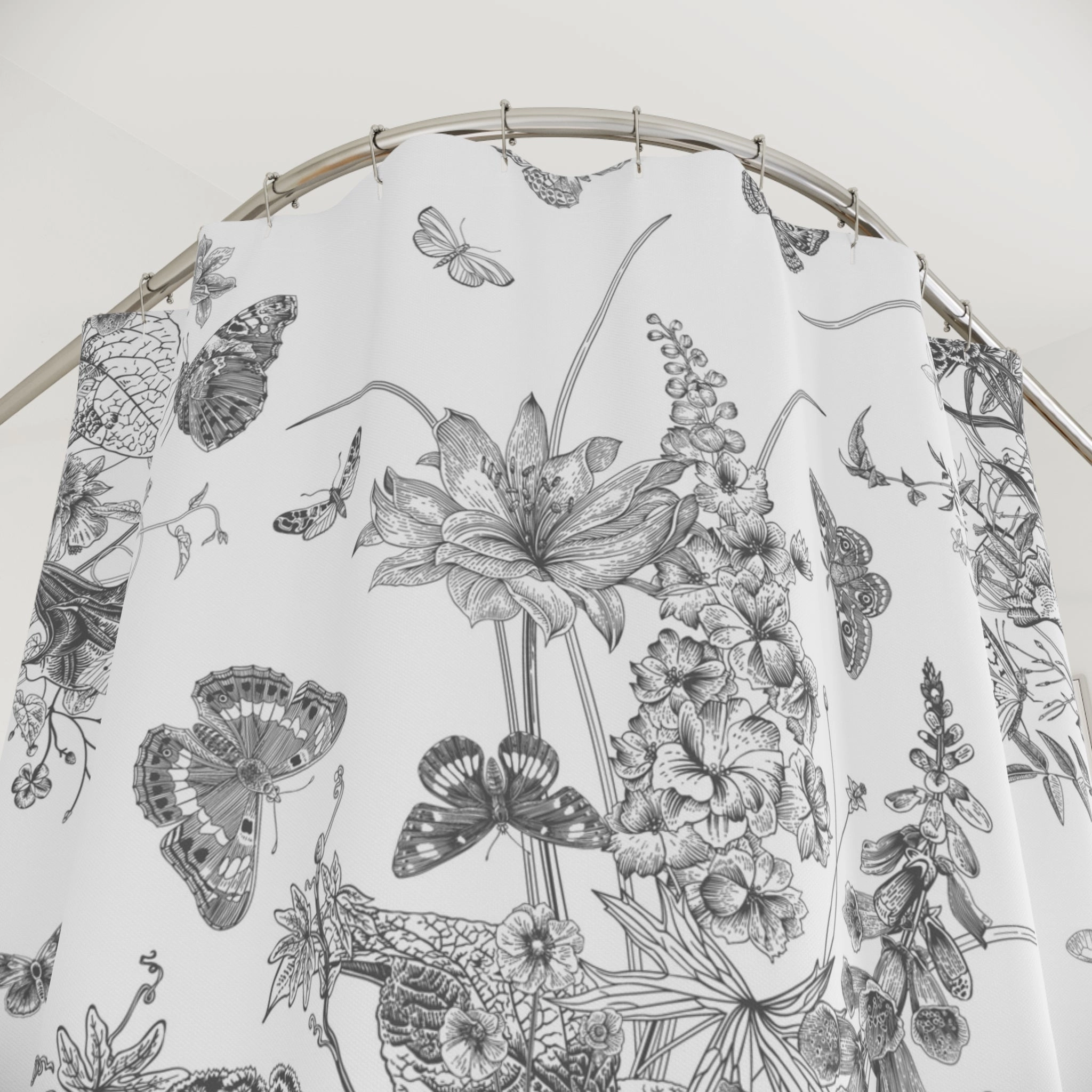 Vintage Shower Curtain | Black Grey White Chinoiserie Floral