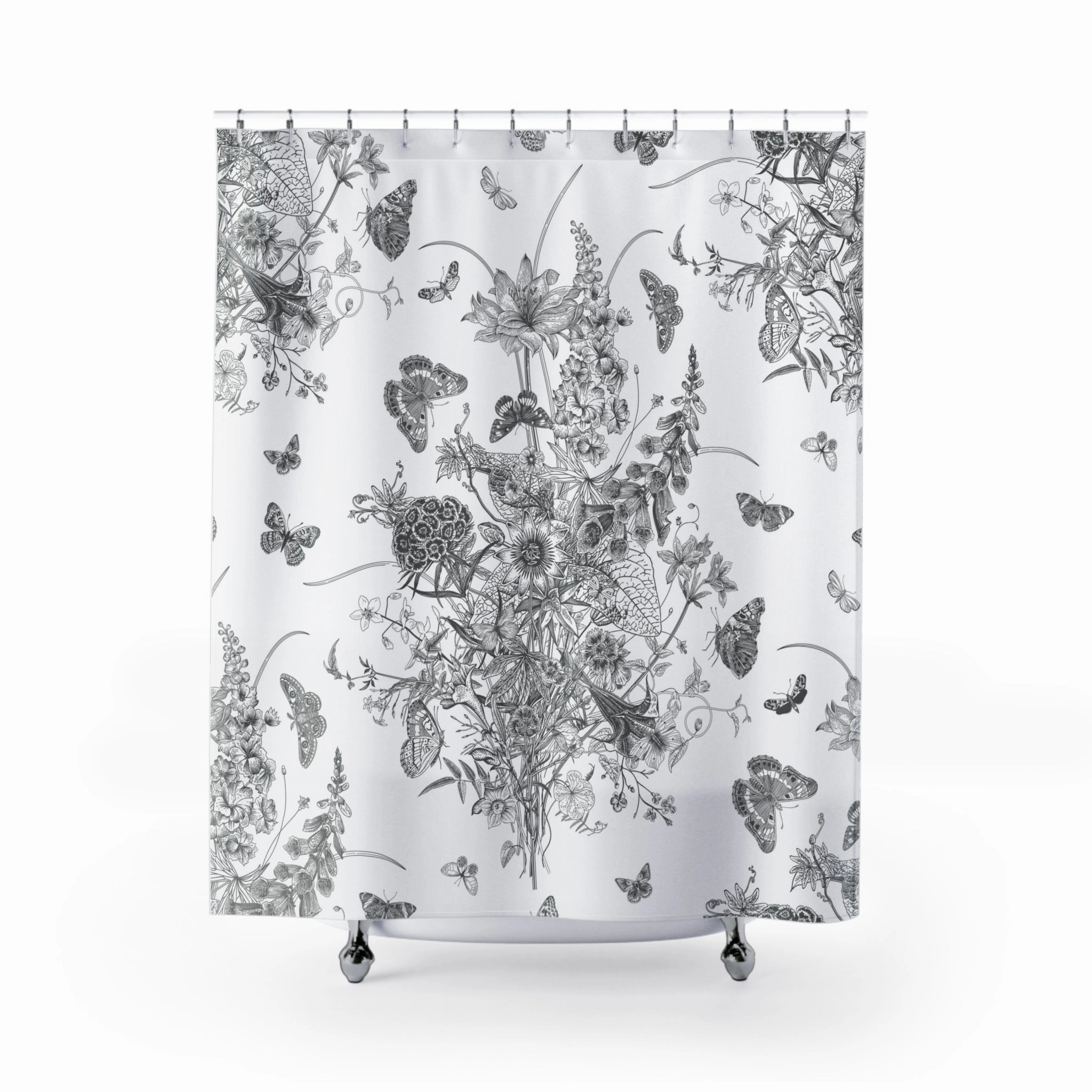 Vintage Shower Curtain | Black Grey White Chinoiserie Floral Lighting,Home Lighting