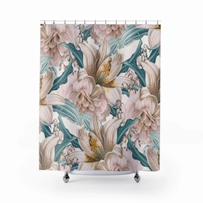 Vintage Watercolor Shower Curtain | Jungle Floral Blush Pink, Teal Blue Lighting,Home Lighting