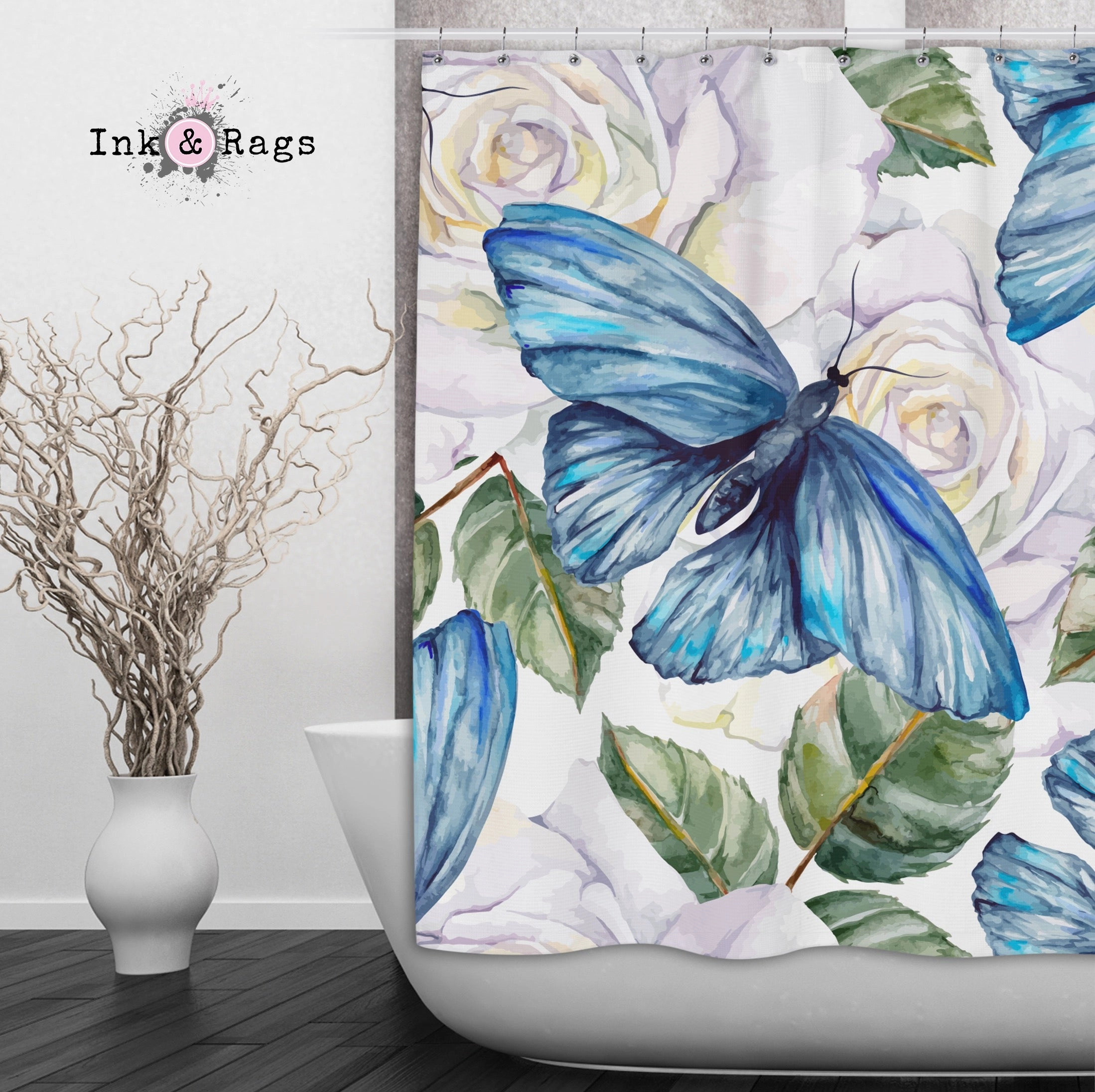 Watercolor Blue Butterfly and White Rose Shower Curtains and Optional Bath Mats Lighting,Lamps Fixtures